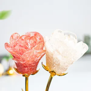 Macro shot of pink and white crystal roses with golden stems and realistic petal textures