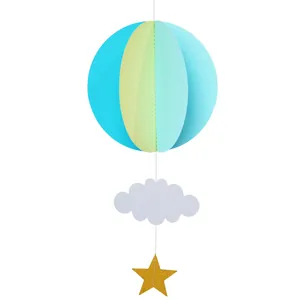 3D hot air balloon paper hanging decoration with blue clouds and gold star for party