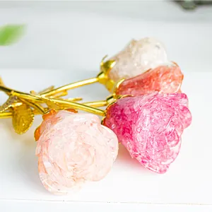 Handmade natural white crystal resin rose flower ornaments with golden metal stems