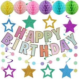 Colorful rainbow Happy Birthday banner set with honeycomb balls and star streamers