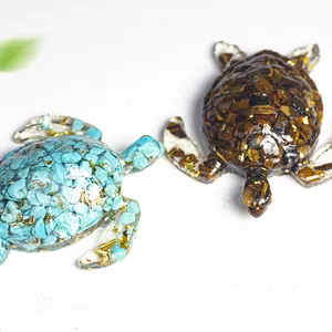 Figurines de tortue de mer en résine faites main avec pierres naturelles et feuilles d'or