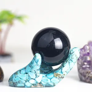 Ornement de Base de Boule de Cristal en Résine Forme de Main Pierre Naturelle Support de Bijoux pour Décoration de Bureau