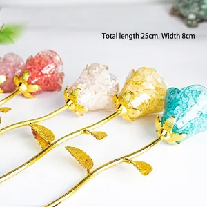 Handmade natural white crystal rose flower ornaments with golden stem and leaves