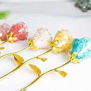 Handmade natural crystal gravel rose flowers in four colors with gold metallic stems