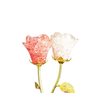 Handmade natural white and pink crystal rose ornaments with gold metal stems and leaves