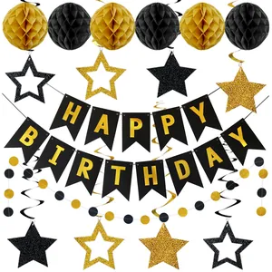 Black and gold Happy Birthday decoration kit with star banners and honeycomb balls