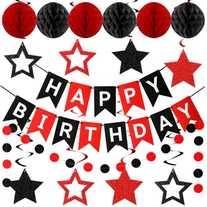 Birthday party decoration set with black and red honeycomb balls and starry banner