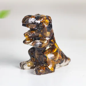 Macro shot of resin dinosaur sculpture with embedded brown crystals and polished finish