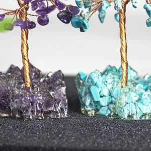 Arbre de fortune en cristal fait main avec base en pierre et fil de laiton décor