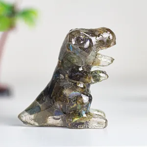 Macro detail of a resin crystal dinosaur sculpture with labradorite iridescent finish