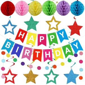 Rainbow Happy Birthday banner set with colorful honeycomb balls and star swirls