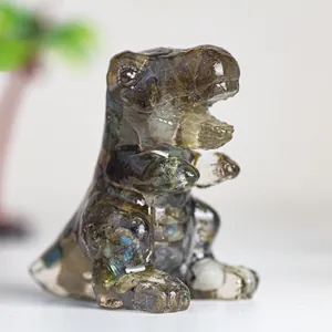 Macro detail of a hand-carved labradorite dinosaur statue with natural blue and green flashes