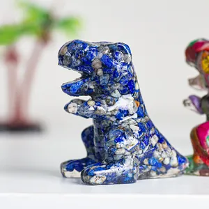Macro shot of handcrafted T-Rex sculpture with blue resin and natural crystal stone chips