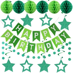 Green birthday decoration set with Happy Birthday banner and honeycomb paper balls
