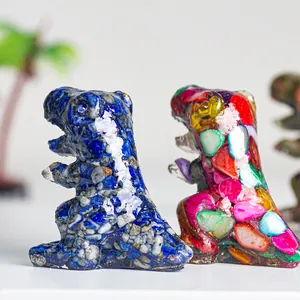 Resin dinosaur statues with natural crystal inlay for home desk and shelf decoration