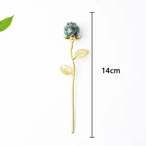Natural crystal gravel resin rose craft gift with gold metal petals and green crystal stones