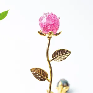 Pink crystal resin rose with gold metal stem for Valentine's Day romantic home decor