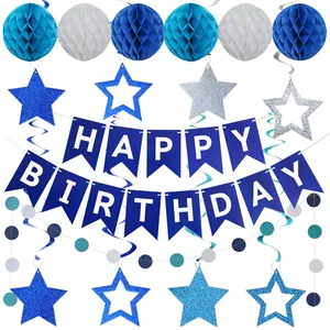 Blue and silver birthday party decoration set with honeycomb balls and star banners