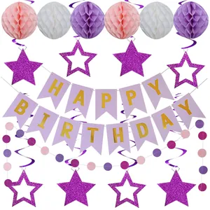 Purple and pink birthday party decor set with Happy Birthday banner and honeycomb balls
