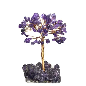 Arbre de cristal d'améthyste avec fils de cuivre sur socle de géode pour décoration maison
