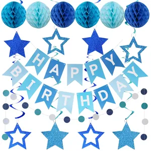 Blue and white gradient birthday party set with honeycomb balls and star banners