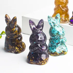 Crystal gravel rabbit figurine set with tiger eye and amethyst for desktop decor