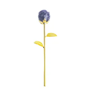 Handmade resin rose with purple natural crystal stones and golden metal stem for decor
