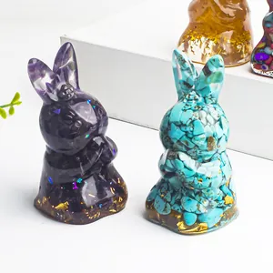 Crystal Resin Rabbit Figurine Handmade Natural Stone Bunny Statue With Gold Foil Modern Animal Desktop Decor Home Office Ornament