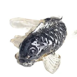 Natural crystal koi fish figurine in black and clear resin for home or car desk decor