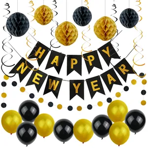 Black and gold 2025 Happy New Year decoration set with banner and balloons