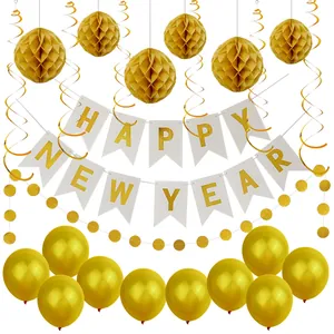 Golden Happy New Year party decoration set with hanging honeycomb balls and balloons