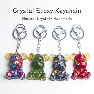 Natural Crystal Gravel Resin Bear Keychain Steampunk Gear Inlaid Bag Pendant Car Key Ring Jewelry Accessory Gift for Women