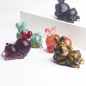 Set of crystal rabbit resin figurines with natural healing stones for desk decoration
