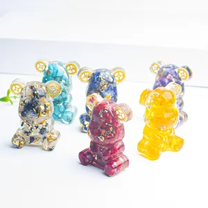 Handmade bear resin figurines with natural crystal stones and gold gears set of six