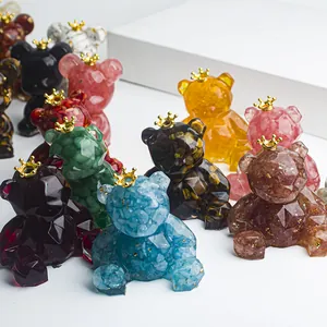 Geometric crystal bear figurines with golden crowns for home and car interior decor