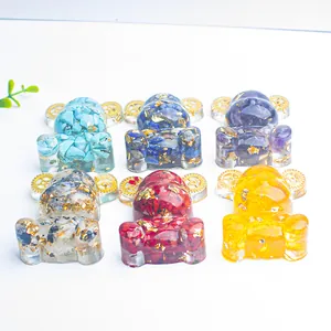 Set of six handmade resin bear figurines with natural crystals and gold foil