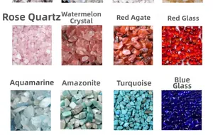 Close-up display of natural rose quartz, aquamarine, and turquoise crystal fragments