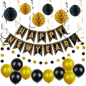 2025 Happy New Year party decoration set with black and gold banners and balloons