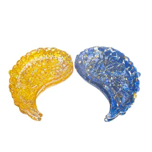 Crystal resin angel wing storage tray set with gold foil leaf in blue and yellow