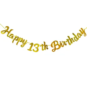Χρυσό Happy 13th Birthday πανό με εφέ καθρέφτη από μεταλλικό χαρτόνι και κίτρινο σχοινί