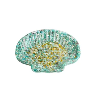 Shell-shaped natural crystal resin storage bowl with green gravel and gold leaf accents