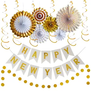 Happy New Year party decoration set with white and gold paper fans and banners