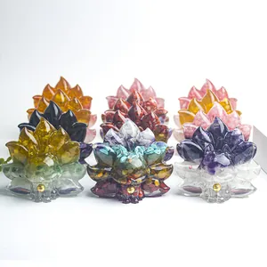 Handmade Natural Crystal Stone Resin Nine-Tailed Fox Figurine With Gold Bell Mythological Healing Desktop Ornament Home Decor
