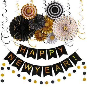 2025 Happy New Year party decoration set with black and gold paper fans and banners