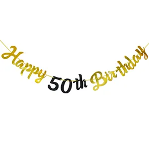 Χρυσό και μαύρο πανό Happy 50th Birthday για διακόσμηση πάρτι γενεθλίων