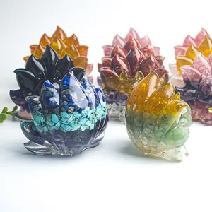 Macro detail of nine-tailed fox resin figurines with colorful natural crystal stones