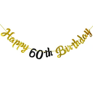 Χρυσή και μαύρη γιρλάντα Happy 60th Birthday με γκλίτερ σε λευκό φόντο