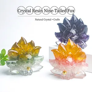 Handmade resin nine-tailed fox statues with natural crystal chips and golden bells