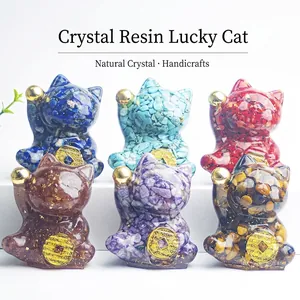 Ornamento Gatto della Fortuna in Resina con Ghiaia di Cristallo Naturale Statuetta Maneki-Neko per Decorazione Casa Ufficio Regalo Fortuna