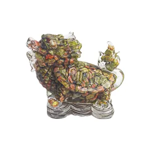 Natural crystal stone dragon turtle figurine with coin base for home desk decoration